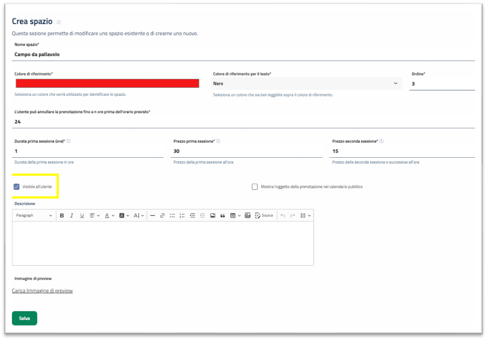 Crea spazio visibile all'utente.