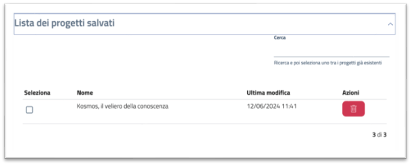 Lista progetti salvati