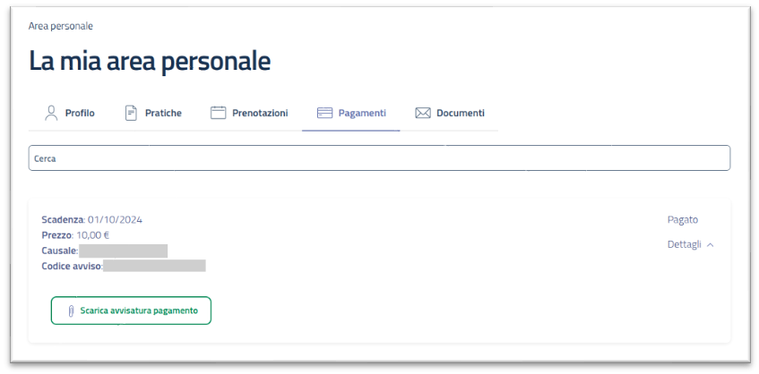 La mia area personale